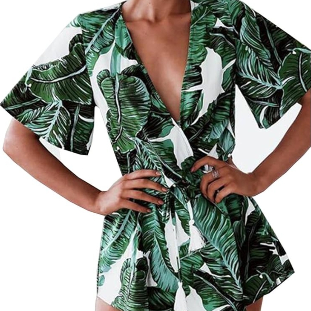Tropical Leaf Print Romper